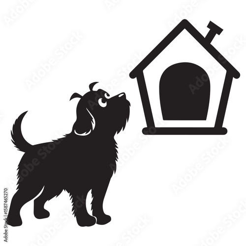 Adorable Canine Gazing at Doghouse Illustration Simple Silhouette of a Puppy with Home, Ideal for Animal and Pet-Themed Projects, Black and White Vector Graphic