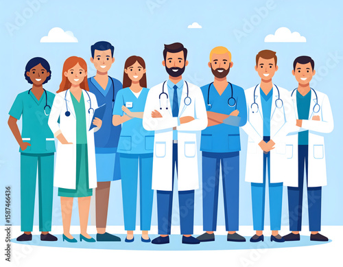 Professional Medical Staff Full-Body Vector Illustration of a Large and United Team of Hospital Workers