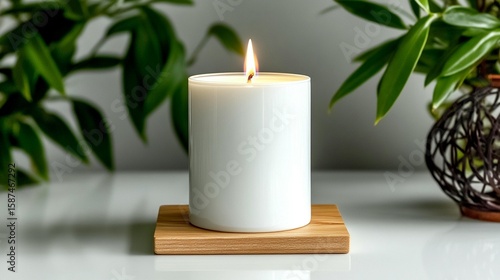 Wallpaper Mural White pillar candle burning softly on wooden base with green plants Torontodigital.ca