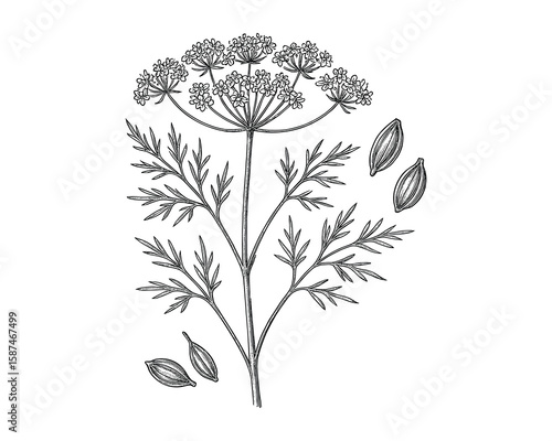 Detailed Botanical Illustration of Anise Plant with Seeds, Hand Drawn Herb Sketch