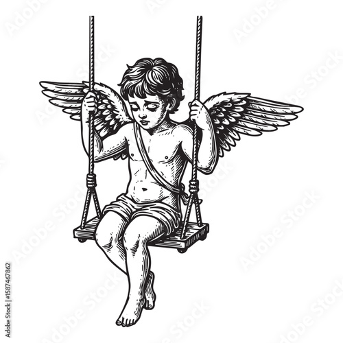  Cupid on swing vintage woodcut engraving vector illustration