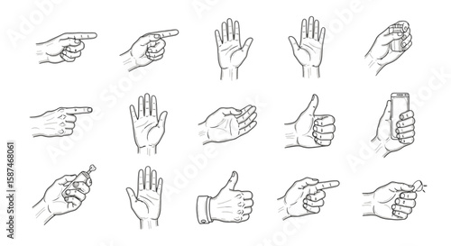 Collection of Vintage Style Hand Gestures and Actions.