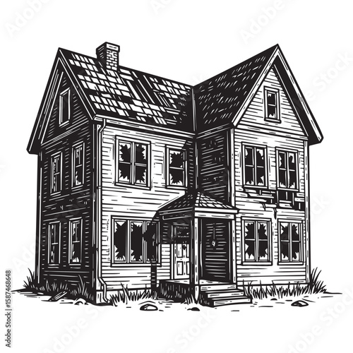 Haunted house spooky mansion woodcut engraving vector illustration