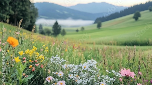 Wallpaper Mural Wildflower meadow landscape vibrant blooms and rolling hills Torontodigital.ca