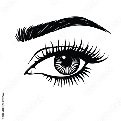 Black and white drawing of a woman's eye and eyebrow lashes iris