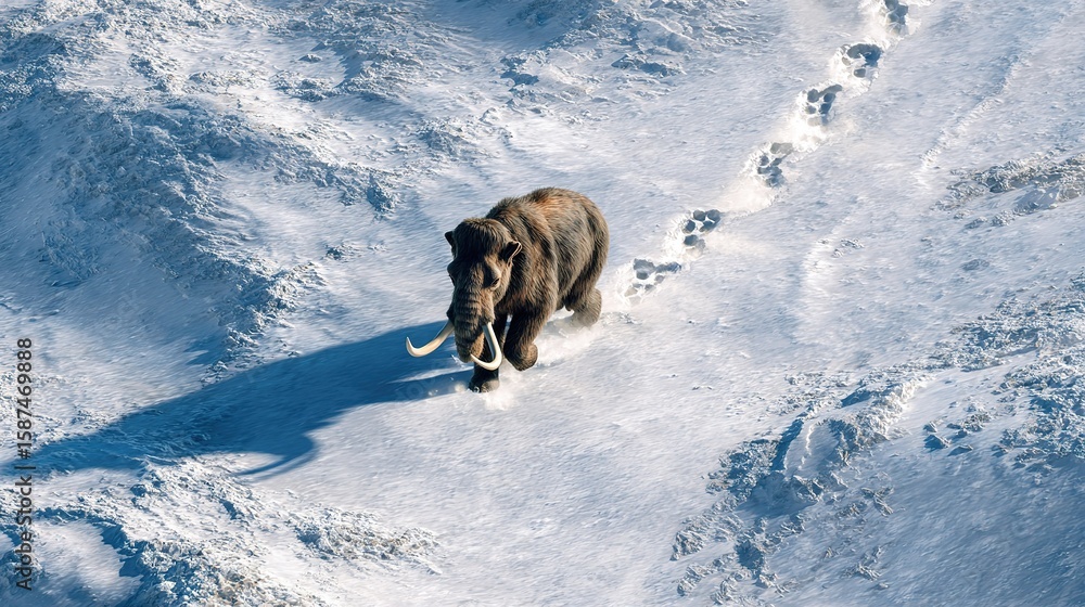 Naklejka premium Woolly mammoth walking across snowy landscape leaving footprints in snow