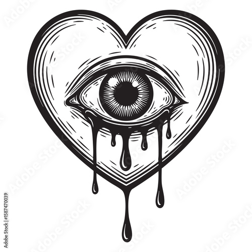 Crying eye inside heart symbol woodcut engraving vector illustration