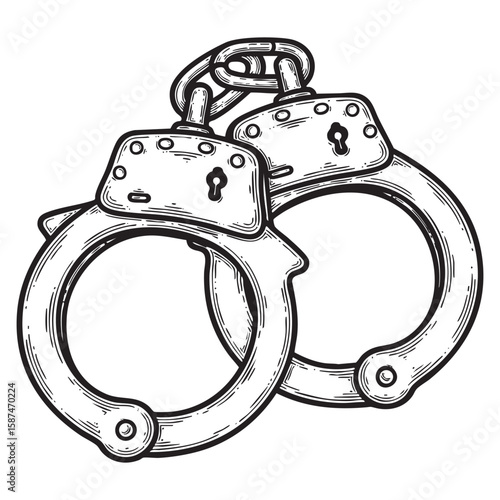 Vintage handcuffs sketch woodcut engraving vector illustration