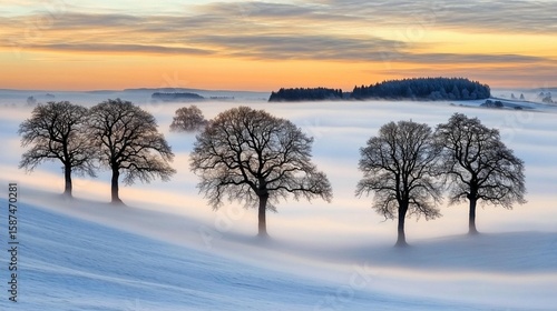 Wallpaper Mural Winter landscape foggy field with leafless trees at sunrise Torontodigital.ca