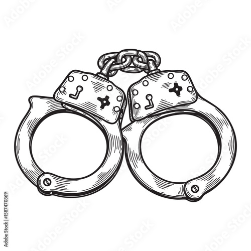 Vintage handcuffs sketch woodcut engraving vector illustration