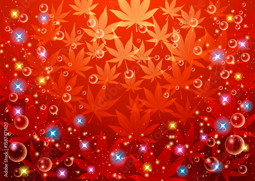 紅葉水中ショー、背景、キラキラ、かわいい、赤、イラスト、秋、横