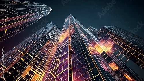 Futuristic skyscrapers illuminated at night with vibrant colors and a starry sky backdrop