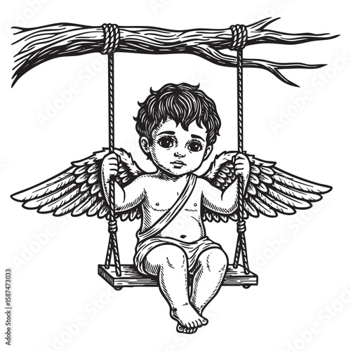 Sad Cupid on swing vintage woodcut engraving vector illustration