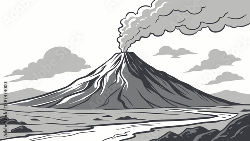 Volcano eruption landscape drawing with smoke and river vector illustration for nature enthusiasts design