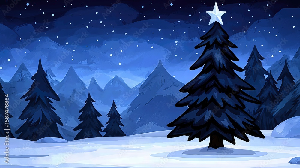 Fototapeta premium Pixel Art Winter Landscape with Snow Covered Trees and Mountains under Starry Night Sky