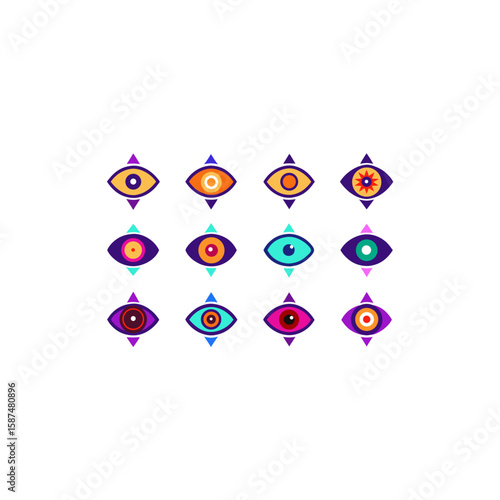  different glowing eye amulet icons set