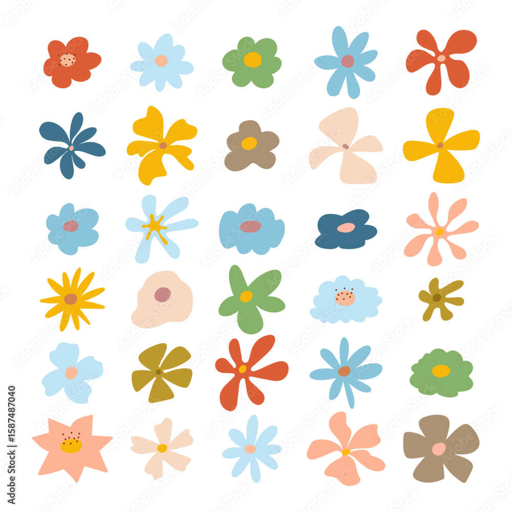 Obraz premium Set of hand drawn flower doodles in colorful flat style collection. Botanical, botany Perfect for spring, kids’ projects, stickers, invitations, and playful graphic design. Vector illustration