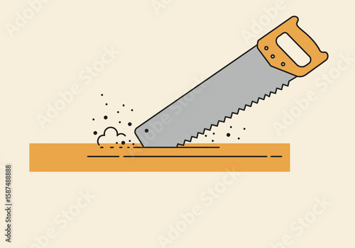 Minimalist illustration of a hand saw cutting a wooden plank, a concept for carpentry and DIY projects.