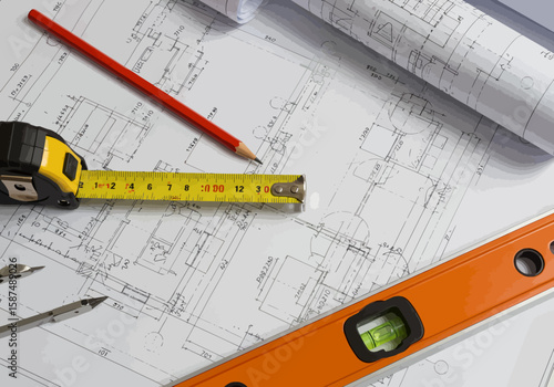 Architectural plans and drafting tools on a desk for a new construction project. Workspace with blueprints, tape measure, and level.
