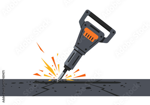 A powerful jackhammer breaking through concrete pavement. Industrial demolition and construction equipment vector illustration.