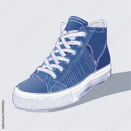 Vector drawing of casual sneakers with visible tread, laces, and padded structure, in detailed linework on white.