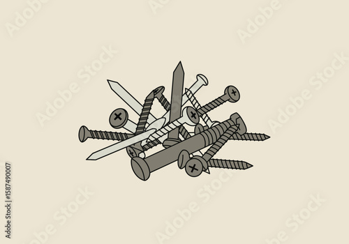 A stylized illustration of a jumbled pile of hardware, featuring various metal nails and screws for construction or repair work.