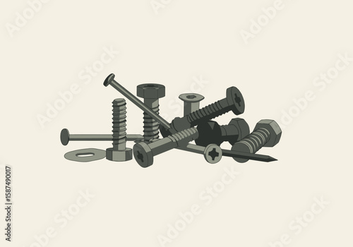 A graphic illustration of assorted metal hardware fasteners, including screws, bolts, nuts, and nails, piled together for construction or DIY projects.