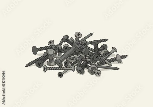 Vector illustration of a jumbled pile of assorted metal hardware. A collection of screws, nails, and bolts representing DIY, construction, or carpentry concepts.