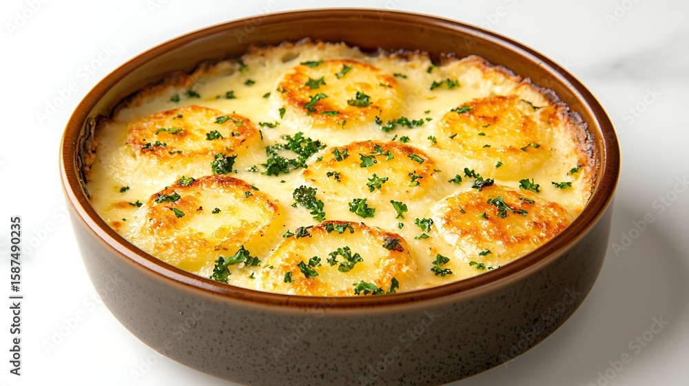 Delicious gratin dauphinois potatoes in a rustic brown dish Delicious gratin dauphinois potatoes in a rustic brown dish