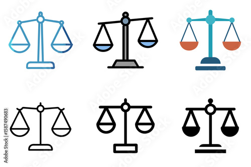 Equality and balance scale icon set representing law, ethics, and impartial decision-making

