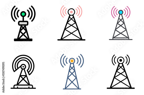 Telecommunication signal antenna icon set representing network transmission and media streaming

