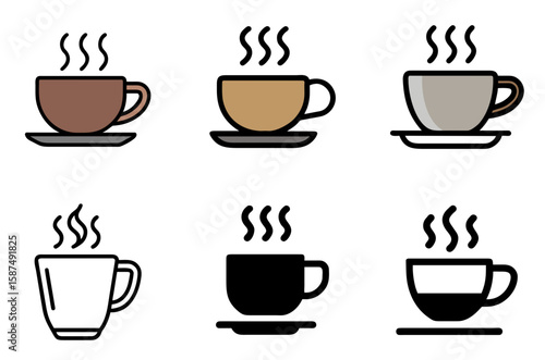Steaming coffee mug icon set for breakfast, cafe, and relaxation beverage illustrations

