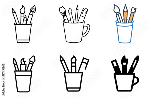Creative cup with pencils and brushes icon set for art, design, and stationery organization

