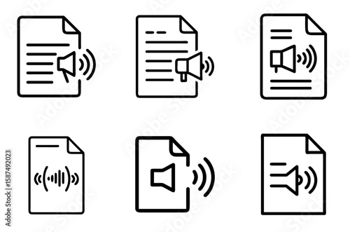 Sound wave document icon set for audio content, voice recording, and media transcription

