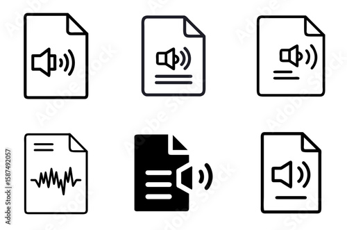 Digital document sound waves icon set for audio file, podcast script, and voice memo design

