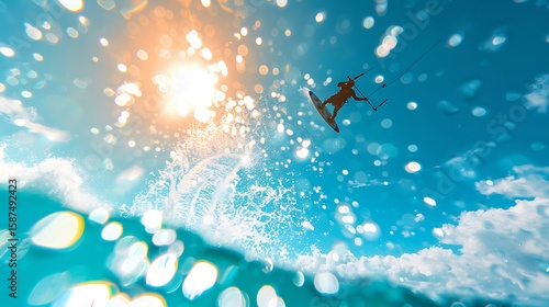 Kitesurfer soars through a sun drenched sky above turquoise water