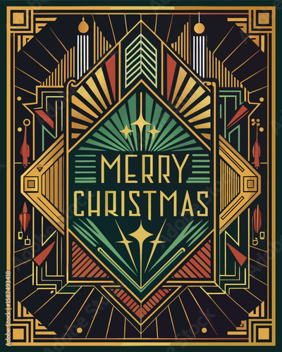 Art deco Christmas greeting graphic with geometric shapes and a luxurious vintage style holiday celebration for invitation designs.