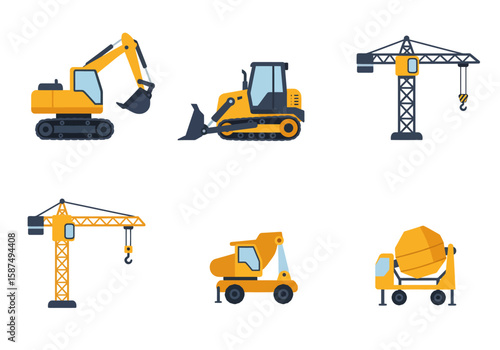 Set of heavy construction machinery icons. Flat vector illustrations of excavator, bulldozer, tower crane, and concrete mixer for building projects.