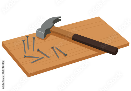 A classic claw hammer with a wooden handle and a scatter of metal nails lying on a rectangular wooden plank for a DIY project