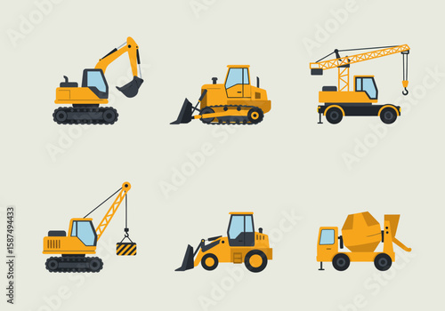 Set of heavy construction machinery illustrations, including excavator, bulldozer, crane, and loader.