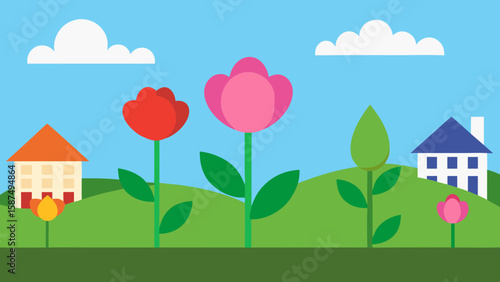 A beautiful spring landscape illustration featuring charming houses, blossoming flowers, and lush green trees under a clear sky