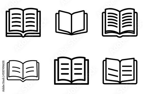 Book icon set with open pages for study, school, library, academic, and literary design themes