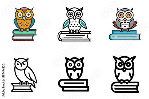 Wise owl on book icon set for school, library, literature, study, and educational theme design