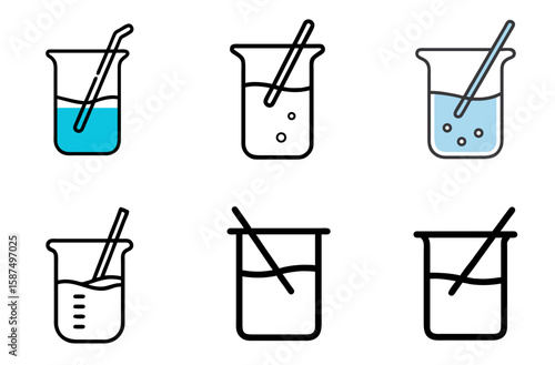Beaker with liquid and stirring rod icon for science, chemistry, lab research, and experiment concepts