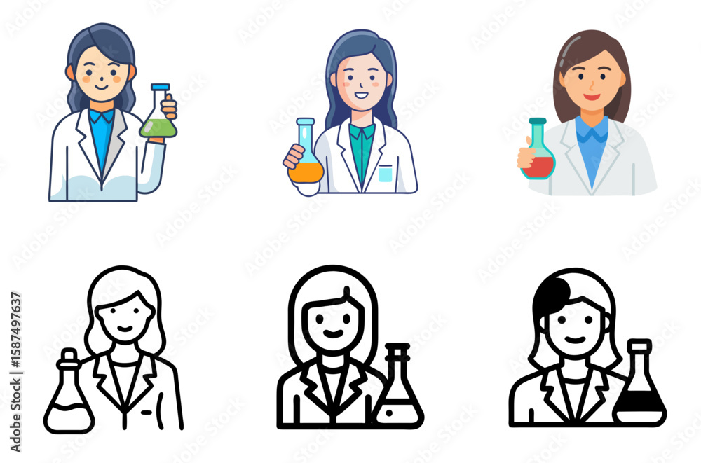 Woman scientist icon for medical, biology, chemistry, and academic research concepts Woman scientist icon for medical, biology, chemistry, and academic research concepts