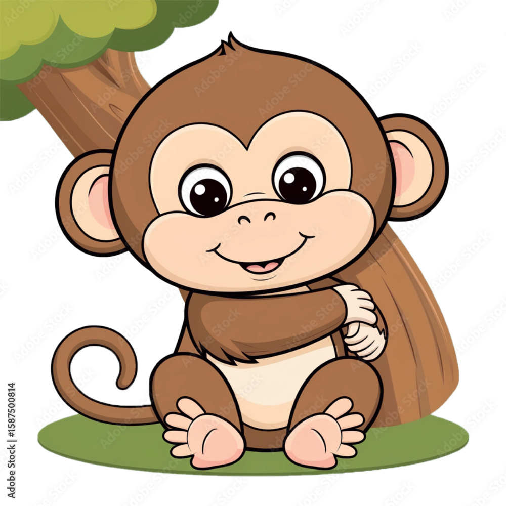 Fototapeta premium Cute Cartoon Monkey Sitting by a Tree Illustration