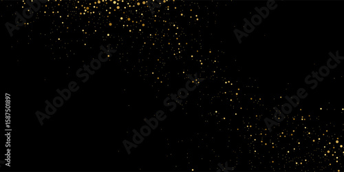Gold glitter texture on a black background. Holiday background. Golden explosion of confetti. Golden grainy abstract texture on a black background. Design element