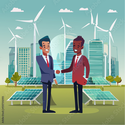 Two businessmen shaking hands in front of a cityscape with wind turbines and solar panels, symbolizing green energy partnership.