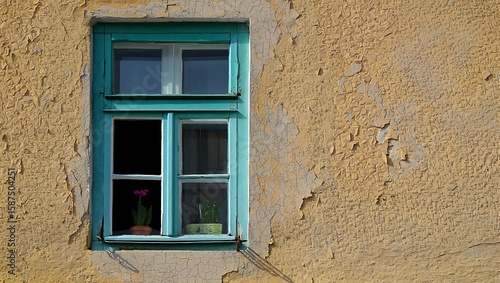An old turquoise painted wooden window with two panes on the upper section and four panes on the lower section sits in a textured yellow wall on a sunny day showing a small potted plant within