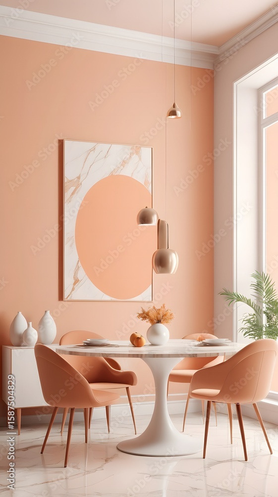 Fototapeta premium Modern Peach Dining Room, Minimalist Decor, Stylish Lighting